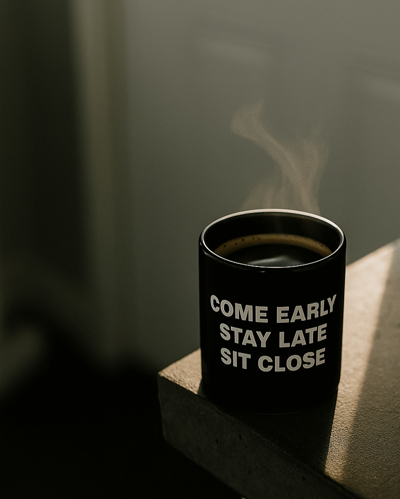 Motivational Black Coffee Mug "Come Early, Stay Late, Sit Close"